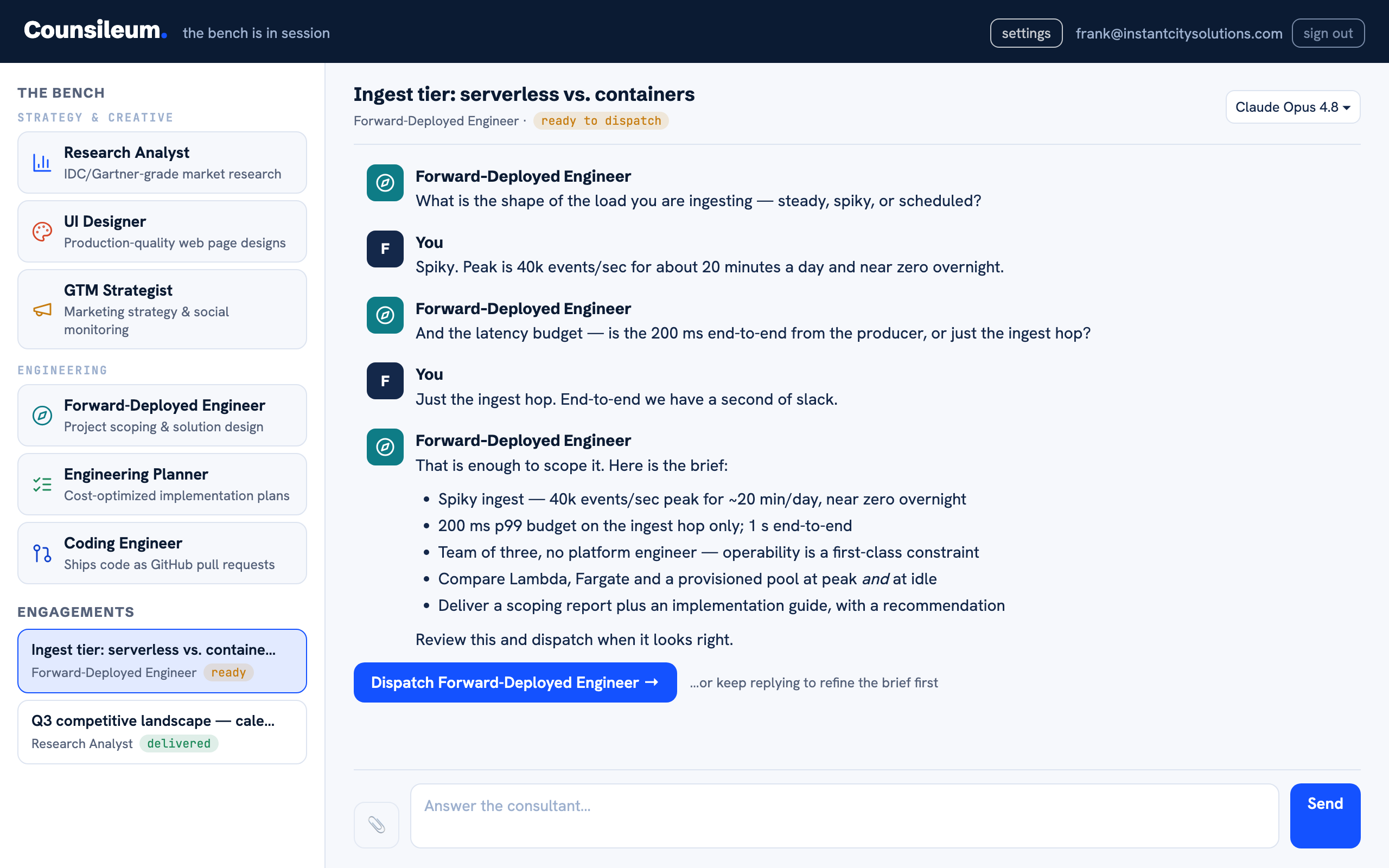 An intake interview in the app: the consultant's questions, the client's answers, and the agreed brief with a dispatch button.